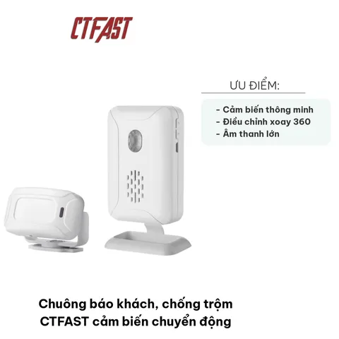 Chuông Báo Khách Chống Trộm CTFAST Cảm Biến Chuyển Động - Âm Thanh 110dB, Phạm Vi 2-8m, Đầu Phát Điều Chỉnh 360°