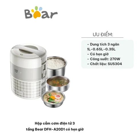 Hộp cắm cơm điện tử 3 tầng Bear DFH-A20D1 có hẹn giờ 2L - Giữ nhiệt, hấp, nấu chín tiện lợi cho gia đình