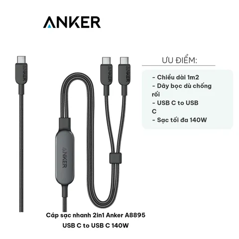 Cáp Sạc Nhanh 2in1 Anker A8895 USB C to USB C 140W - Dài 1.2m, Chống Rối, Sạc Đa Thiết Bị, Phù Hợp Cho Chuyến Đi Xa