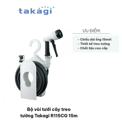 Bộ Vòi Tưới Cây Treo Tường Takagi R115CG 15m - Dây Dài Chất Lượng, Nhiều Chế Độ Phun, Tiện Lợi Rửa Xe, Tưới Vườn
