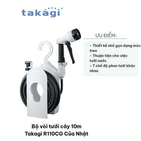 Bộ Vòi Tưới Cây 10m Takagi R110CG - Thiết Kế Nhỏ Gọn Tiện Dụng Cho Khu Vườn, 7 Chế Độ Phun Nước, Ống Dây Chất Lượng Cao