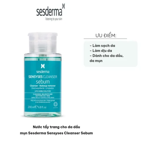 Nước tẩy trang cho da dầu mụn Sesderma Sensyses Cleanser Sebum 200ml - Kiểm soát dầu, làm dịu da, ngăn ngừa vết thâm mụn