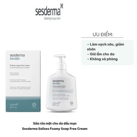 Sữa Rửa Mặt Da Dầu Mụn Sesderma Salises Cream 250ml - Kiềm Dầu, Giảm Mụn Với 2% Acid Salicylic, Dịu Nhẹ, Không Xà Phòng