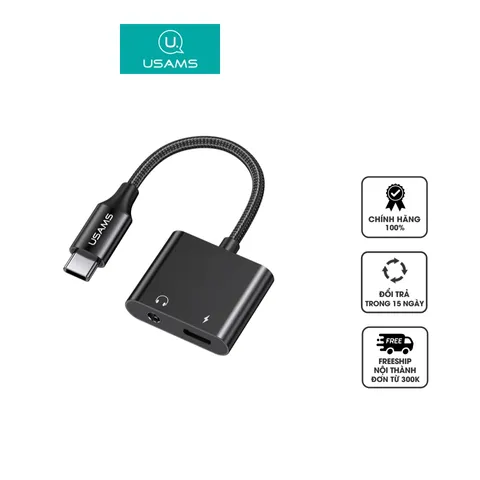 Đầu Chuyển Âm Thanh AU15 Type-C to 3.5DC USAMS US-SJ598 - Thiết Kế 2 Cổng, Hỗ Trợ Sạc Nhanh 60W, Chất Âm Tối Ưu