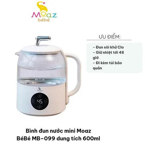 Bình Đun Nước Mini Moaz BéBé MB-099 600ml - Màn Hình Cảm Ứng, Tính Năng Khử Clo, Giữ Nhiệt Đến 48 Giờ, Dung Tích Lớn