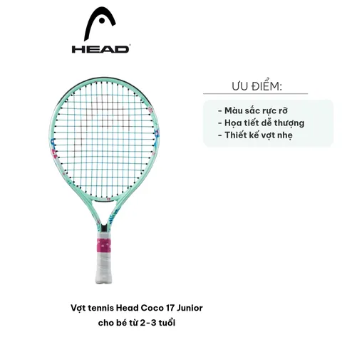 Vợt tennis Head Coco 17 Junior cho bé 2-3 tuổi - Thiết kế màu sắc rực rỡ, nhẹ nhàng, phù hợp cho trẻ mới bắt đầu chơi tennis.