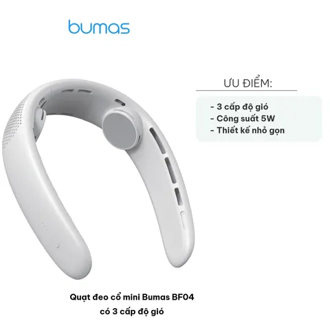 Quạt Đeo Cổ Mini Bumas BF04 - Quạt Tích Điện Có 3 Cấp Độ Gió, Dung Lượng Pin 3000mAh, Thời Gian Sử Dụng 10 Giờ, Thiết Kế Tiện Dụng