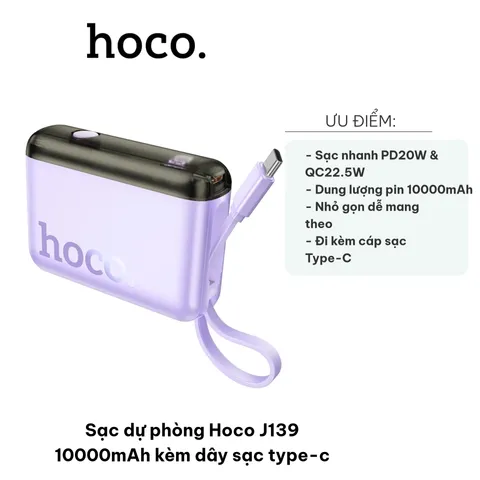 Sạc Dự Phòng Hoco J139 10000mAh Kèm Dây Sạc Type-C - Thiết Kế Nhỏ Gọn, Sạc Nhanh PD/QC, Phù Hợp Với Điện Thoại, Máy Tính Bảng