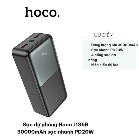 Sạc Dự Phòng Hoco J136B 30000mAh - Sạc Nhanh PD20W, 4 Cổng USB & Type-C, Duy Trì Năng Lượng Cho Điện Thoại & Máy Tính Bảng