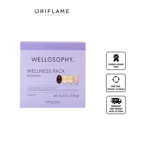 Wellosophy Wellness Pack Woman Oriflame - Bộ Vitamin Tổng Hợp và Omega-3 Hỗ Trợ Sức Khỏe Phụ Nữ, 21 Gói