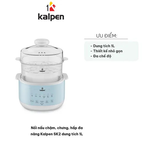 Nồi Nấu Chậm Đa Năng Kalpen SK2 1L - Chưng Hấp, Nấu Cháo, Soup, Hầm Thịt - Thiết Kế Gọn Nhẹ, Tiện Dụng