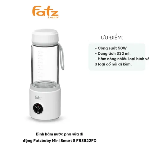 Bình Hâm Nước Pha Sữa Di Động Fatzbaby Mini Smart 8 FB3822FD - Thủy Tinh 330ml, Pin Sạc 4500mAh, Hiển Thị Nhiệt Độ Thời Gian Thực