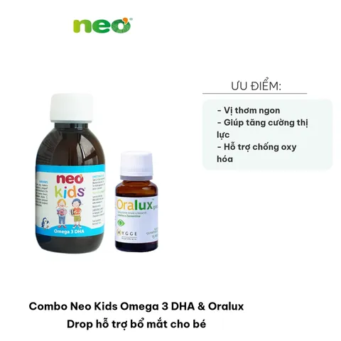 Combo Neo Kids Dầu Cá Omega 3 DHA & Oralux Drop Hỗ Trợ Bổ Mắt - Dinh Dưỡng Cho Trẻ Em Từ 1 Tuổi, Ngon Miệng, Dễ Uống