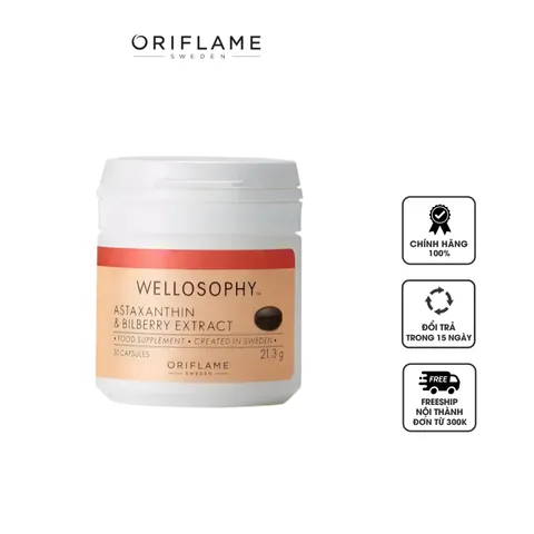 Viên uống Oriflame Wellosophy Astaxanthin & Bilberry Extract - Tăng cường sức khỏe mắt và chống oxy hóa, làm đẹp da - 30 viên