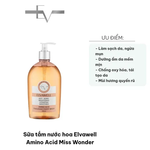 Sữa Tắm Nước Hoa Elvawell Amino Acid Miss Wonder - Gel Tắm Dưỡng Ẩm, Khử Mùi, Cung Cấp Độ Ẩm, Phù Hợp Với Mọi Loại Da 500ml