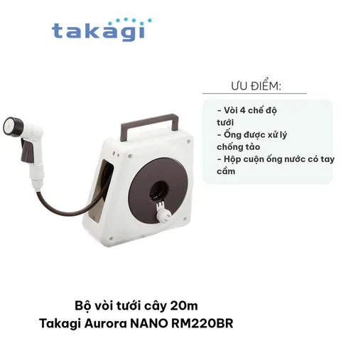 Bộ Vòi Tưới Cây 20m Takagi Aurora NANO RM220BR - Vòi Phun Nước Chống Xoắn, 4 Chế Độ Tưới Linh Hoạt, Chất Liệu PVC Bền Bỉ
