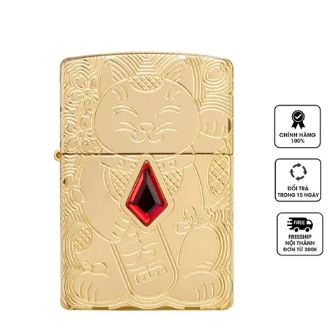 Bật Lửa Zippo 49802 Armor Họa Tiết Mèo Thần Tài May Mắn - Độc Đáo, Vỏ Đồng Thau Bền Chắc, Ấn Tượng Quà Tặng Fans Mèo