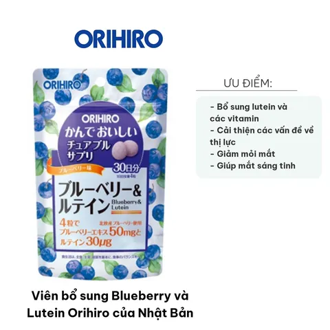 Viên bổ sung Blueberry và Lutein Orihiro Nhật Bản - Hỗ trợ sức khỏe mắt, cải thiện thị lực, viên nhai vị việt quất ngon miệng