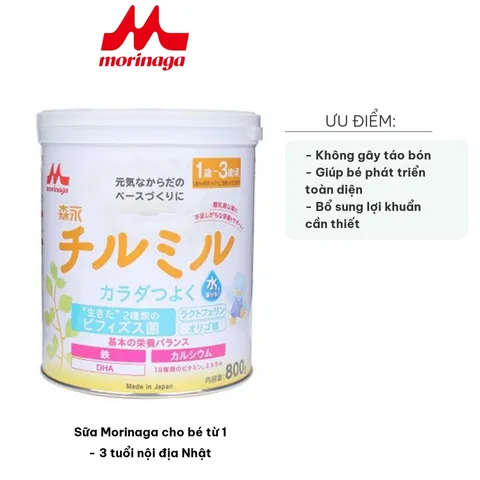 Sữa Morinaga 1-3 tuổi 800g - Sữa bột Nhật Bản bổ sung Vitamin, DHA, hỗ trợ phát triển chiều cao và sức đề kháng cho trẻ.