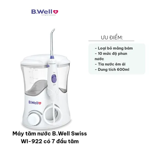 Máy tăm nước B.Well Swiss WI-922 với 7 đầu phun và 10 mức độ điều chỉnh, hỗ trợ vệ sinh răng miệng cho cả gia đình, dễ sử dụng.