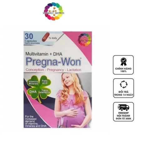 Viên uống Pregna-Won Multivitamin + DHA cho bà bầu - hỗ trợ sức khỏe mẹ và bé, giảm rạn da, 30 viên chính hãng