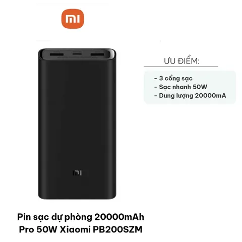 Pin sạc dự phòng 20000mAh Pro 50W Xiaomi PB200SZM - Sạc nhanh 3 cổng cho Laptop và Smartphone, thiết kế siêu gọn nhẹ