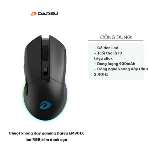 Chuột Không Dây Gaming Dareu EM901X RGB Led - Thiết Kế Hiện Đại, Dock Sạc Nhanh, Thời Gian Sử Dụng 18 Giờ