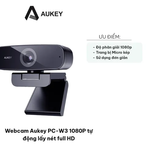 Webcam Aukey PC-W3 1080P Full HD Tự Động Lấy Nét - Phù Hợp Cho Gọi Video, Hội Nghị, Livestream Trò Chơi