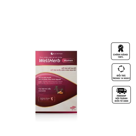 Viên Uống WellHerb Women - Hỗ Trợ Điều Hòa Kinh Nguyệt Cho Phụ Nữ, Giảm Đau Bụng, Cải Thiện Kinh Nguyệt Không Đều, Hộp 30 Viên