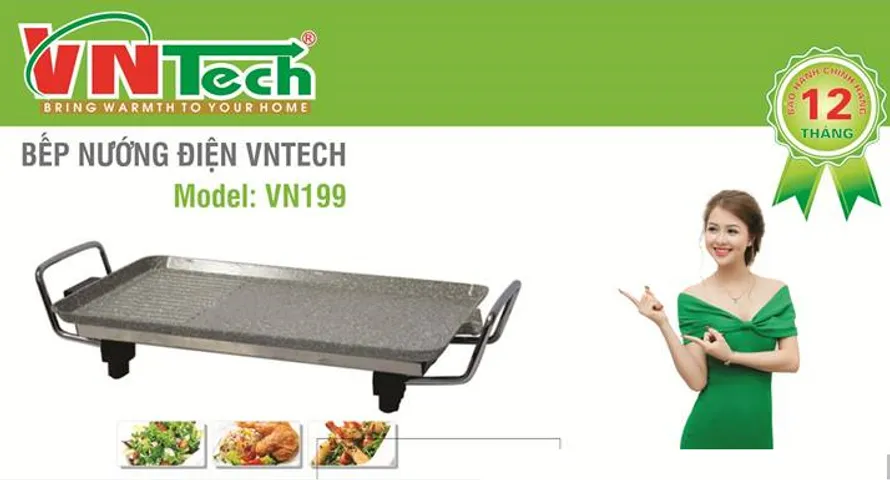 Vỉ Nướng Điện Vntech VN199 Nhỏ Gọn - Chất Liệu Vân Đá Chống Dính, Công Suất 1300W, 5 Mức Nhiệt Độ - Tiện Ích Nấu Nướng Tại Nhà