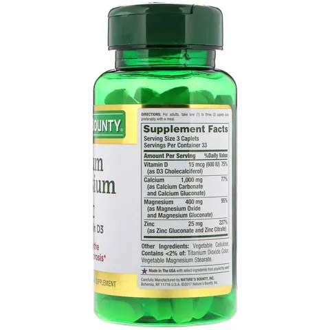 Viên uống Nature's Bounty Calcium Magnesium Zinc With D3 - Hỗ trợ xương khớp chắc khỏe, chứa Canxi, Magie, Kẽm và Vitamin D3, 100 viên