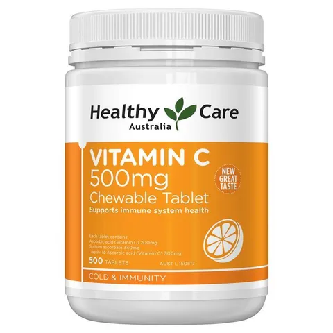 Viên nhai vitamin C Healthy Care của Úc 500mg - Bổ sung Vitamin C thiên nhiên, tăng cường sức đề kháng và làm đẹp da cho trẻ em và người lớn.