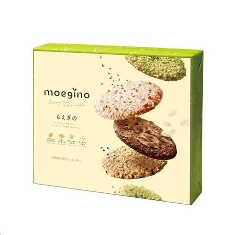Bánh quy Moegino Nhật Bản cao cấp giòn tan - Hộp 60 gói vị đậu phộng, dừa, hạnh nhân, sữa trà xanh thơm ngon quà Tết lý tưởng