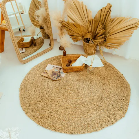 Thảm Cói Tròn Trang Trí Nhà Cửa Hương Hoa Cỏ - Chất Liệu Tự Nhiên, Thiết Kế Độc Đáo, Không Gian Sạch Sẽ, Gọn Gàng