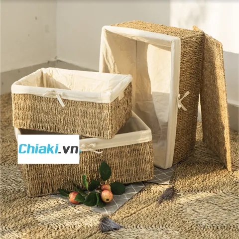 Giỏ Cói Đựng Đồ Hình Chữ Nhật Có Nắp - Sản Phẩm Thủ Công Tinh Tế, Đẹp Mộc Mạc Cho Nội Thất Phòng Khách, Phòng Ngủ