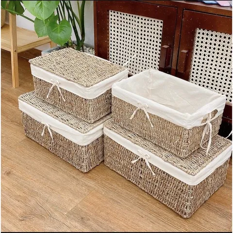Giỏ Cói Đựng Đồ Hình Chữ Nhật Có Nắp - Sản Phẩm Thủ Công Tinh Tế, Đẹp Mộc Mạc Cho Nội Thất Phòng Khách, Phòng Ngủ