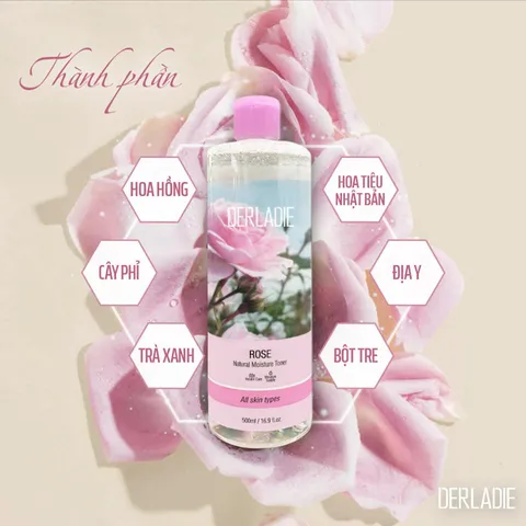 Nước Hoa Hồng Derladie Rose Natural Witch Hazel Toner 500ml - Dưỡng Ẩm Cho Da Khô, Ngăn Ngừa Mụn, Dành Cho Da Nhạy Cảm