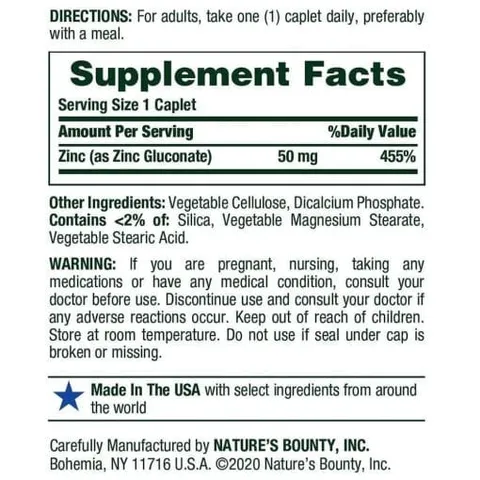 Viên kẽm Nature's Bounty Zinc 50mg 100 viên - Bổ sung khoáng chất hỗ trợ miễn dịch và sức khỏe cho nam giới, chất lượng Mỹ