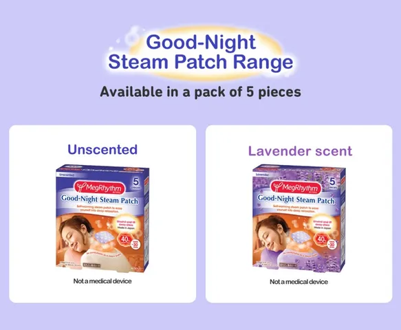 Miếng Dán Nóng Xông Hơi Ngủ Ngon MegRhythm Good-Night - Giải Pháp Thư Giãn Cho Cổ Đau, Nhiệt Độ 40°C, Hương Oải Hương, Hỗ Trợ Ngủ Sâu
