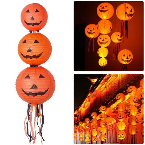 Đèn Lồng Bí Ngô Giấy Nilong Trang Trí Halloween - Độc Đáo, Bền Bỉ, Phù Hợp Treo Ngoài Trời, Tạo Không Gian Huyền Ảo