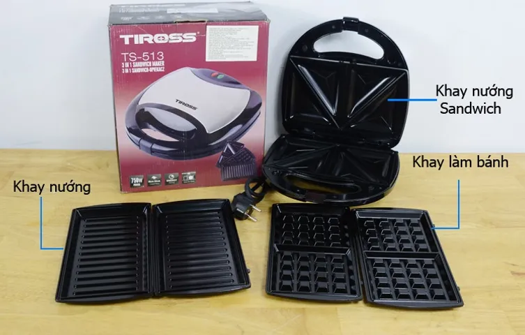 Máy Nướng Kẹp Bánh Tiross TS-513 Đen - 3 Chức Năng Nướng Sandwich, Waffle, Pate - Dễ Sử Dụng, Chống Dính, Công Suất 750W