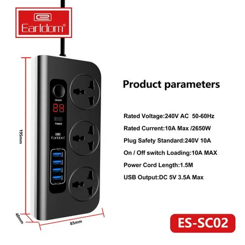 Ổ cắm Earldom ES-SC02 - Thiết Bị Nhiều Cổng Tích Hợp USB cho Điện 240V AC 50-60Hz - Phụ Kiện Thông Minh Tiện Lợi