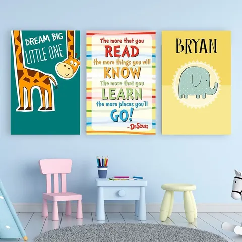 Tranh Canvas Hươu Cao Cổ Và Voi Xanh - Trang Trí Phòng Ngủ, Phòng Học Đáng Yêu Cho Bé - Thiết Kế Hiện Đại, Màu Sắc Rực Rỡ