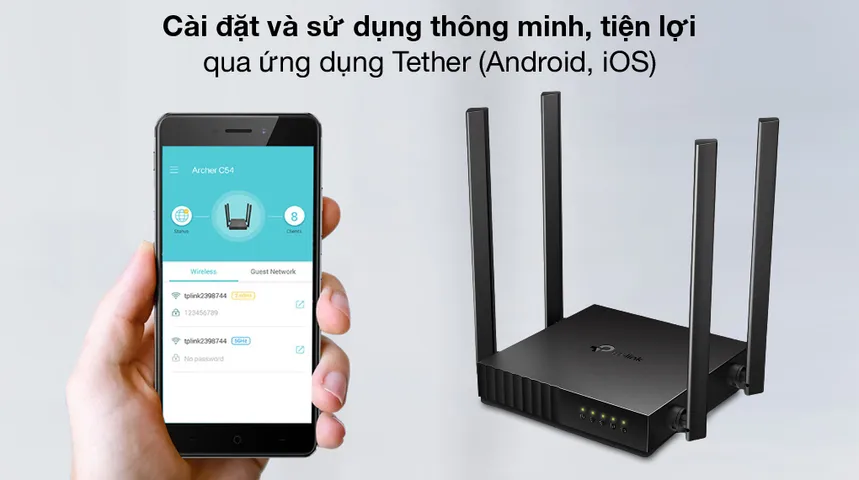 Bộ phát wifi AC1200 TP-Link Archer C54 - Router đen 4 ăng ten, tốc độ 300 Mbps, hỗ trợ 25-30 thiết bị, băng tần ổn định, đa kết nối.