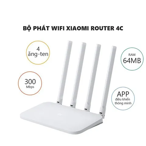 Bộ phát Wifi Xiaomi Mi Router 4C - Tốc độ 300Mbps, 4 râu, 64MB RAM, Quản lý qua App Mi Wifi, Phủ sóng rộng cho gia đình và văn phòng