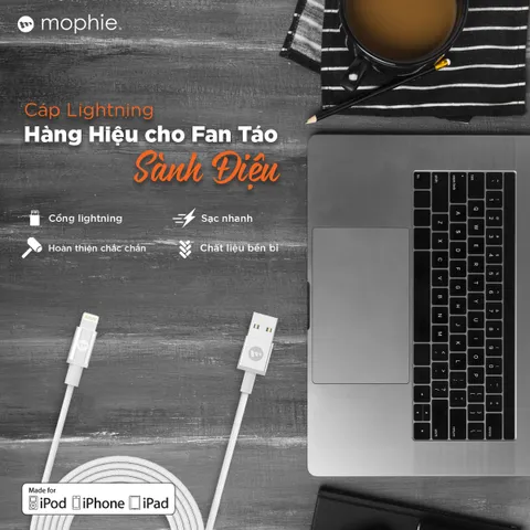 Cáp Lightning Mophie 1M Trắng - Kết Nối Chứng Nhận MFI Từ Apple, Tốc Độ Cao, Thiết Kế Bền Bỉ, Phụ Kiện Tương Thích iPhone/iPad