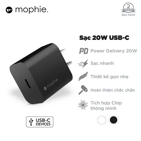 Bộ Sạc Nhanh Mophie Power Delivery 20W USB-C - Tích Hợp 1 Cổng Sạc Nhanh Cho iPhone, iPad, Thiết Bị PD Khác