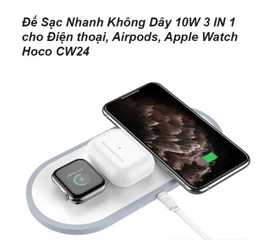 Đế sạc nhanh không dây 3in1 Hoco CW24 - Sạc đồng thời điện thoại, Apple Watch và Airpod, công suất 10W, thiết kế hiện đại, tiện lợi.