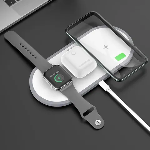 Đế sạc nhanh không dây 3in1 Hoco CW24 - Sạc đồng thời điện thoại, Apple Watch và Airpod, công suất 10W, thiết kế hiện đại, tiện lợi.