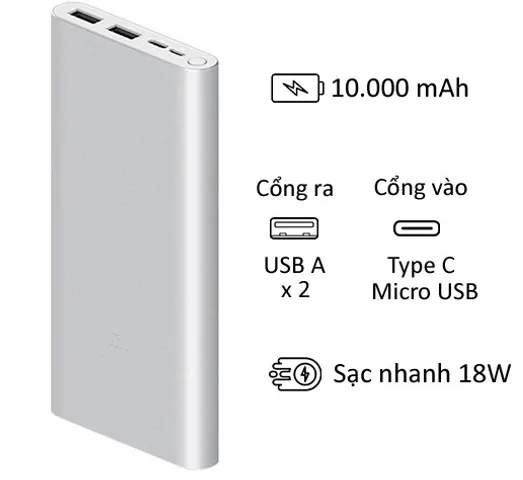 Pin Dự Phòng Sạc Nhanh XIAOMI Gen 3 Type C 18W - Thiết Kế Sang Trọng, Dung Lượng 10.000mAh, Sạc Nhanh 2 Chiều, Phụ Kiện Điện Thoại Chất Lượng